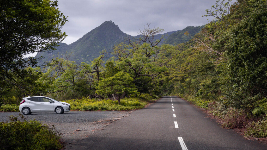 yakushima-road-trip-forest-drive-mountain-view A rental car parked beside a quiet forest road in Yakushima, with lush greenery and a mountain peak in the background.