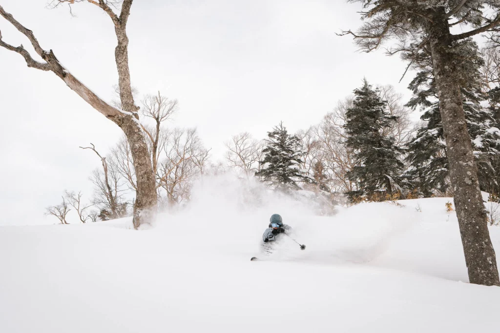 Ski photography example of a skier in trees with surrounding environment in focus, showing how using f/8 aperture includes more detail in the scene.