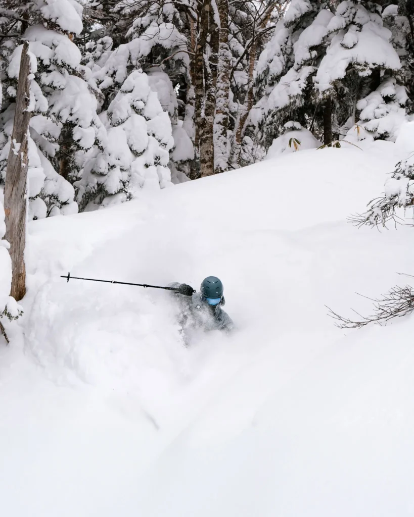Ski photography example of skier in trees during heavy snowfall, showing the challenge of autofocus tracking in difficult conditions