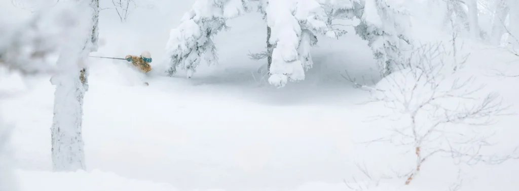 Skier navigating foggy whiteout conditions in deep snow, showing the need for weather-sealed gear in ski photography.