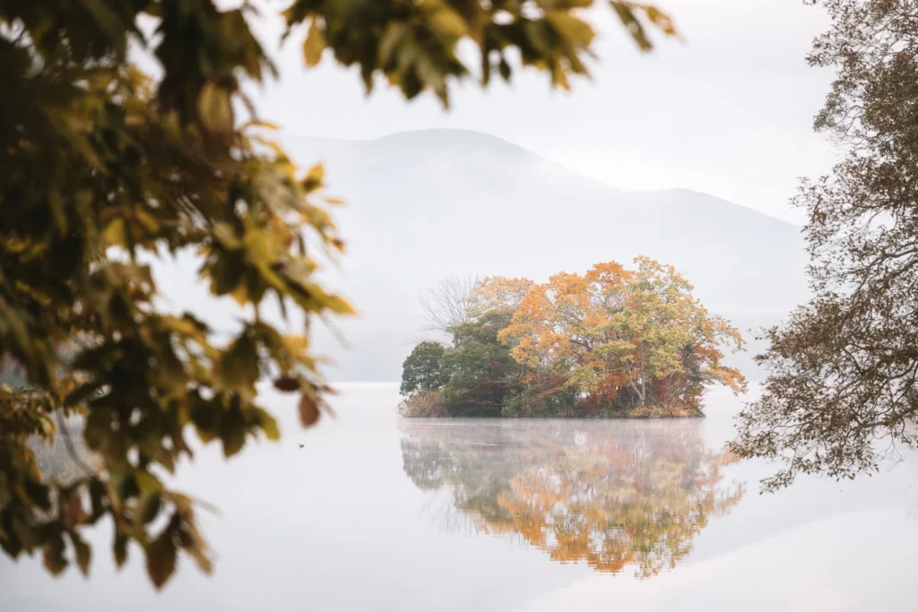 Small autumn island reflected on calm water at Lake Onuma in Hokkaido, Japan.
