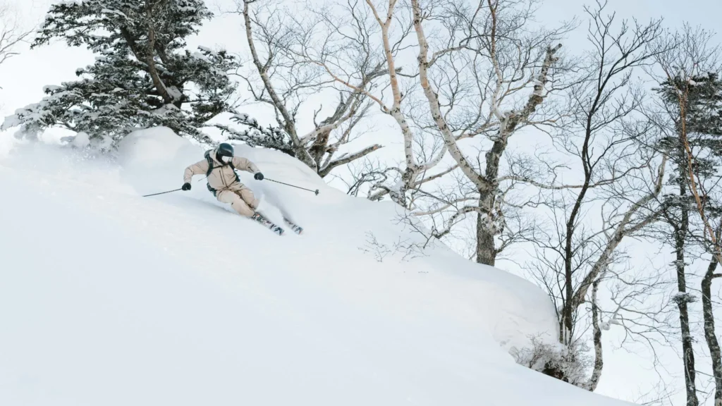 Skier making a powder turn between trees captured with Nikon Z8 ski photography settings