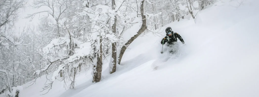 Skier skiing through heavy snowfall in trees captured with Nikon Z8 ski photography settings